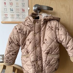 Kids Quilted Jacket with Mickey Mouse Print - Brown